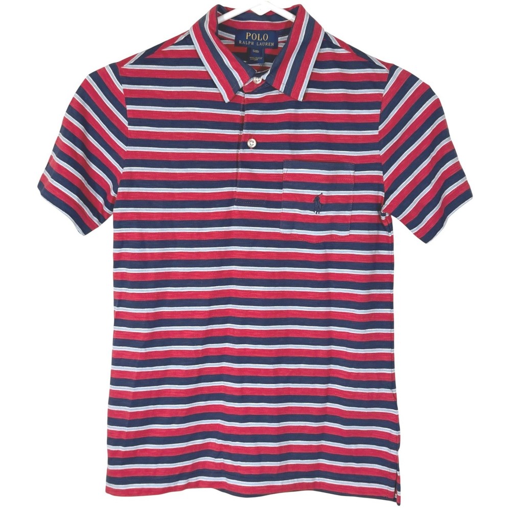 NEW Polo Ralph Lauren Boys Striped Polo Shirt Small Sz 8 Hersey Red Short Sleeve