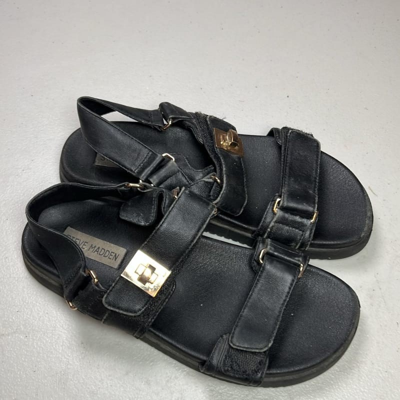 Steve Madden Mona Women's Black Leather Multi Strap Flatform Sandals Gold Buckle