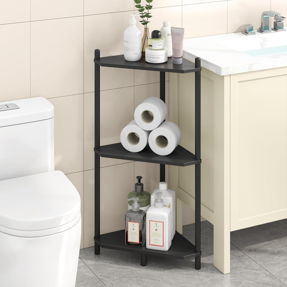 Corner Shelf Stand - 3 Tier Bamboo Small Corner Bookshelf for Office Kitchen Bed