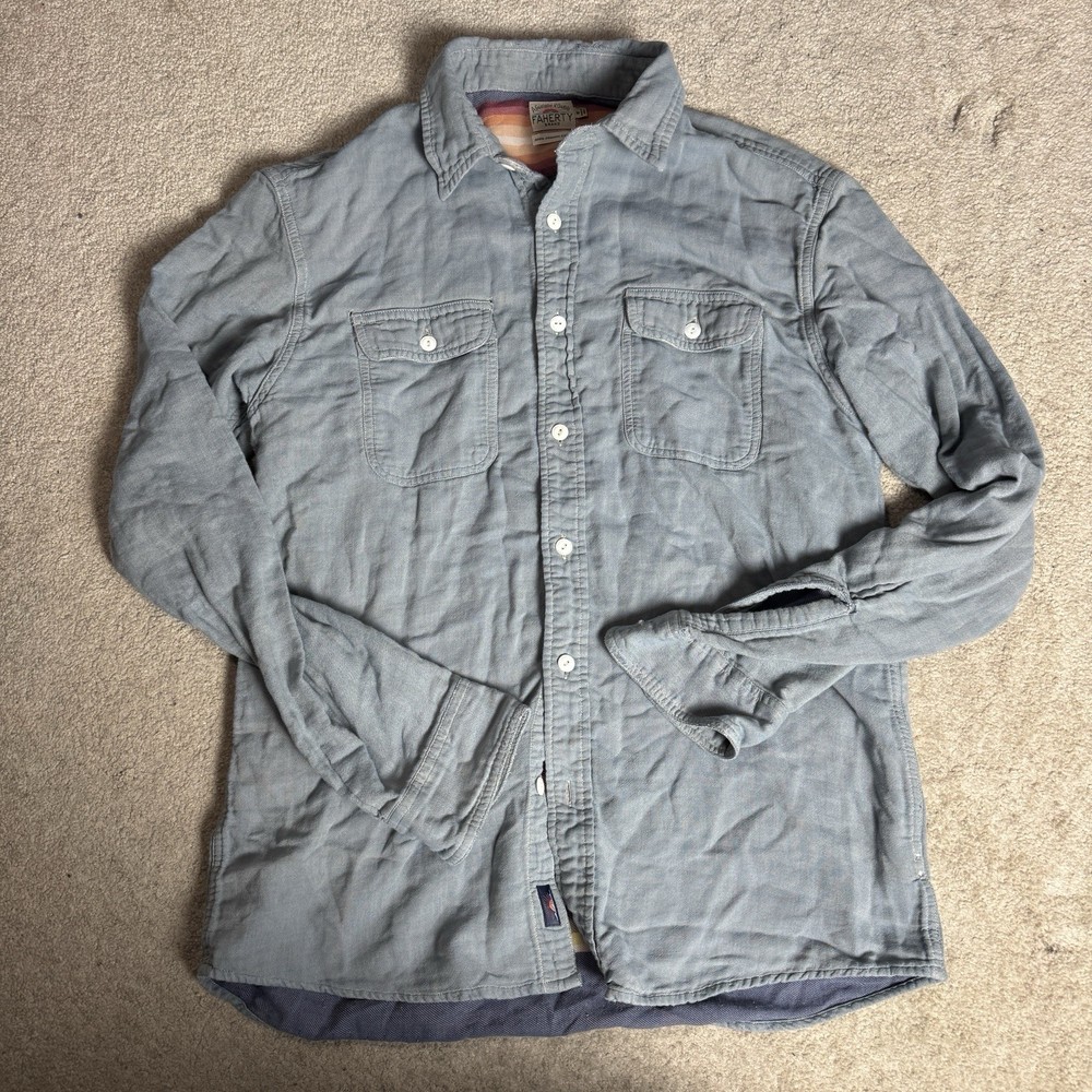 Faherty Mens 100% Organic Cotton Button Up Shirt Medium Gray Casual Distressed