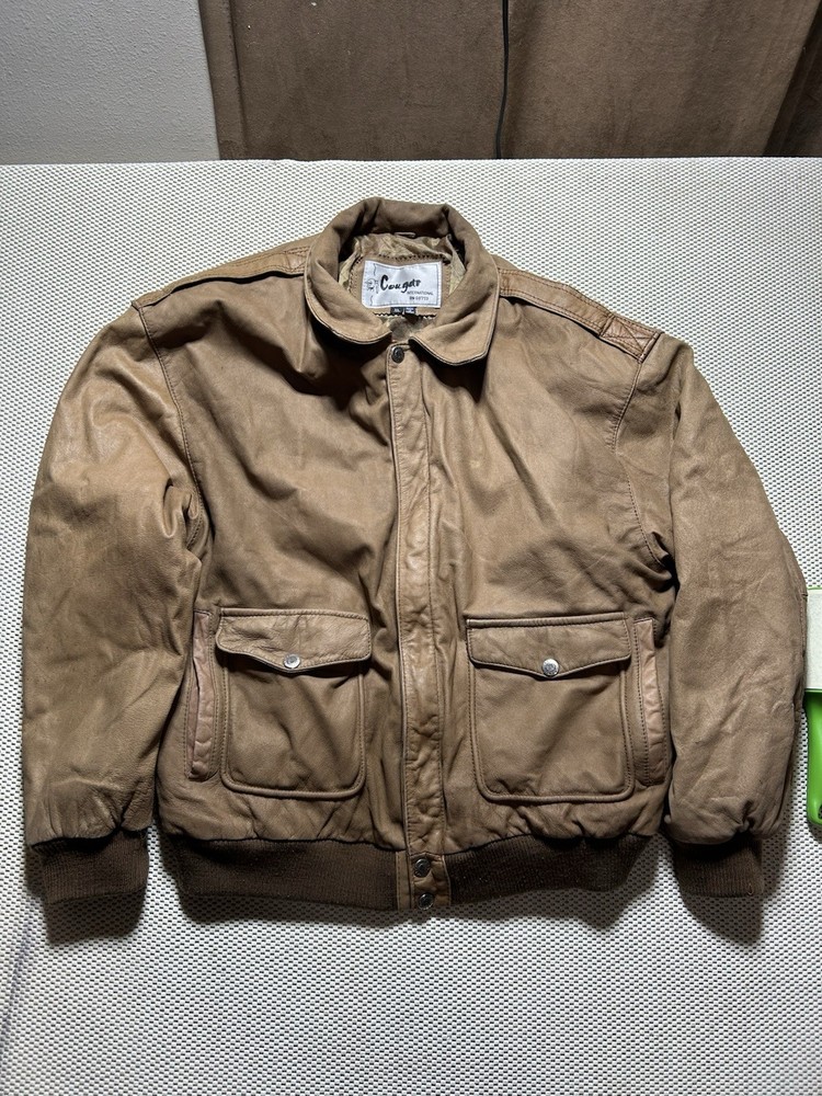 Vintage Cougar Leather Bomber Jacket Size Xl 90s Brown