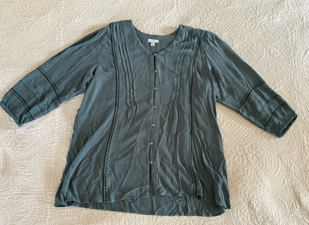 J. Jill Women’s Sz L Dusty Blue 3/4 Sleeve Gauzy Button V Neck Embroidered Tunic