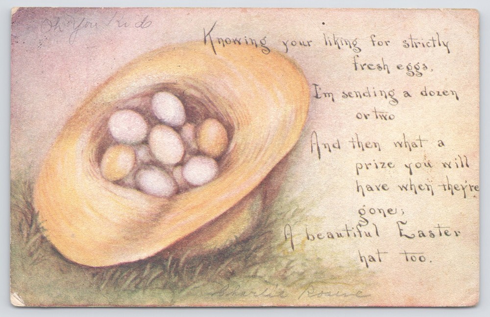 Holiday~Eggs In Straw Hat & Greeting Poem~Vintage Postcard