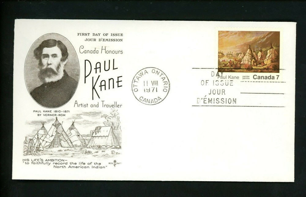 Postal History Canada Rose Craft FDC #553 Paul Kane artist traveler 1971