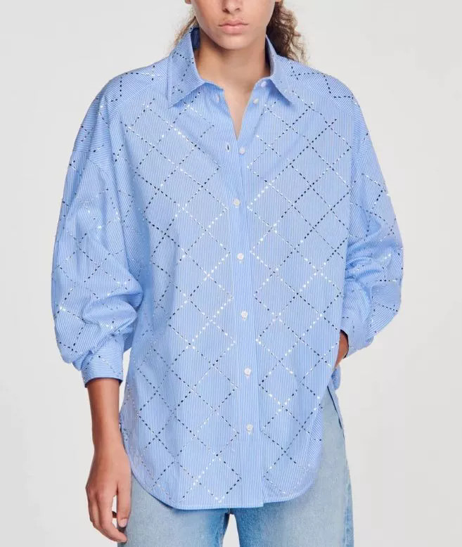 Sandro Hot drilling argyle Shirt Top Long Sleeve Loose Silhouette Blouse Top