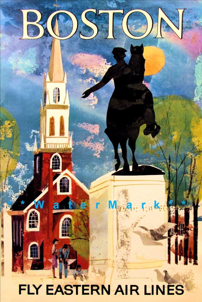Boston 1960 Paul Revere Eastern Air Vintage Poster Print Air Travel Tourism Art