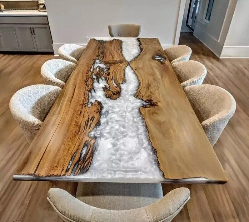 Handmade White Epoxy Resin Live Edge Wood Dining Table Cafeteria Decor