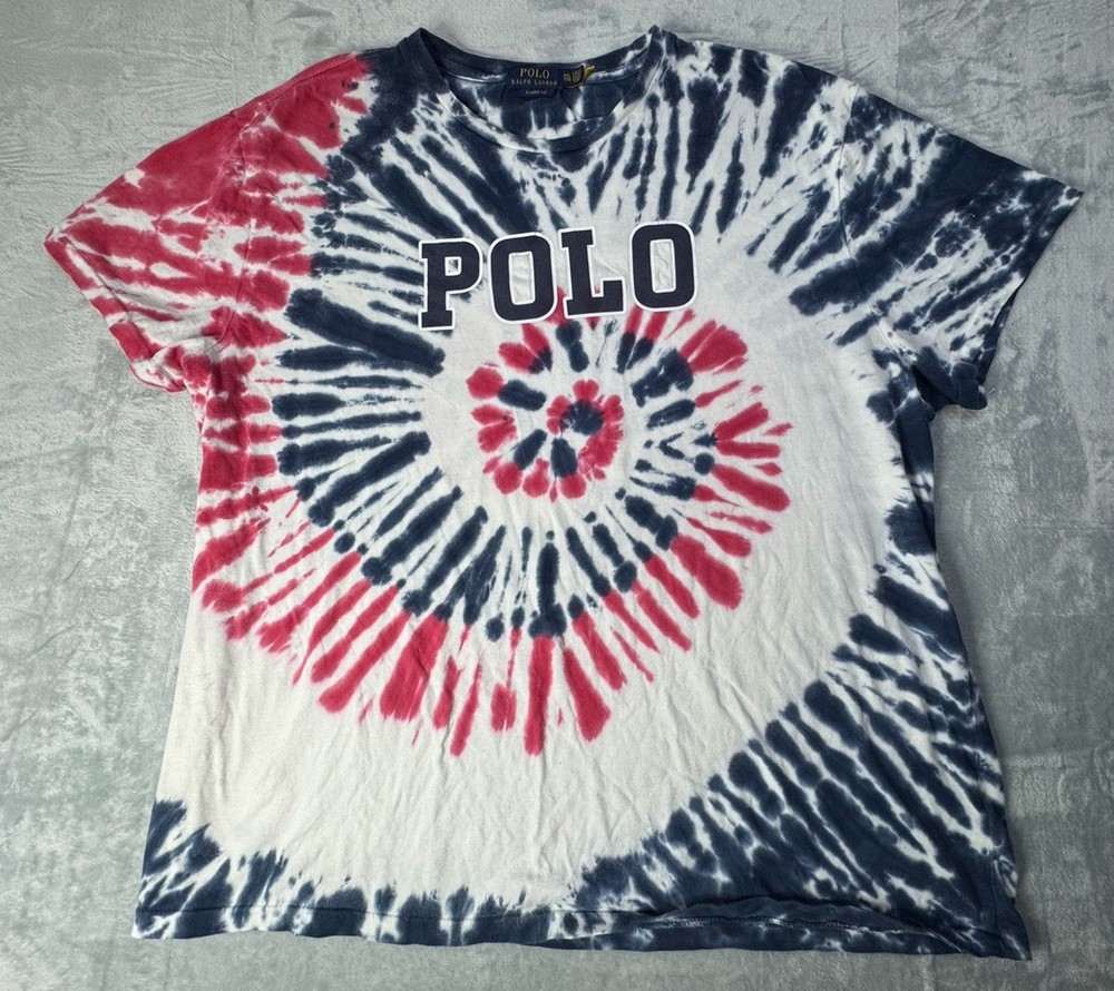 Polo Ralph Lauren Men’s XXL Tie Dye T-Shirt Red White Navy Spellout Classic Fit