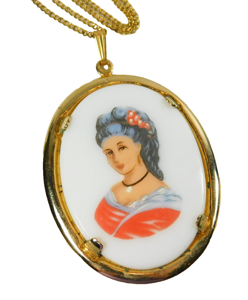 Vintage AJC Co. Gold Filled Victorian Lady Transfer Portrait Pendant Necklace