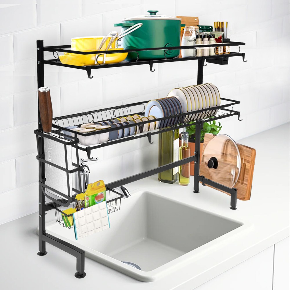 2-Tier Over Sink Dish Drying Rack Cutlery Drainer Kitchen Cup Organizer 82cm