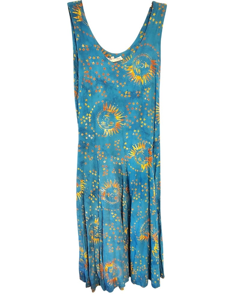 Eagle Ray Traders Wear Large Batik Dress, Blue, Yellow Sun Stars Sleeveless