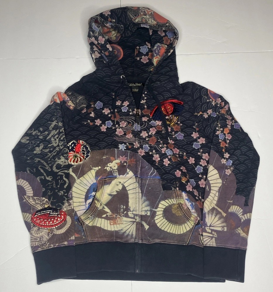 Vintage Lucky Brand Hoodie Womens Small Multicolor Full Zip Geisha Y2K Japan Art
