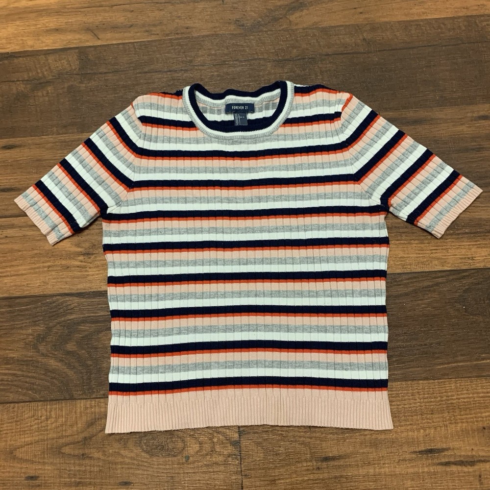 Forever 21 Short Sleeve Crew Neck Striped Ribbed Knit Crop Top Women’s Size L