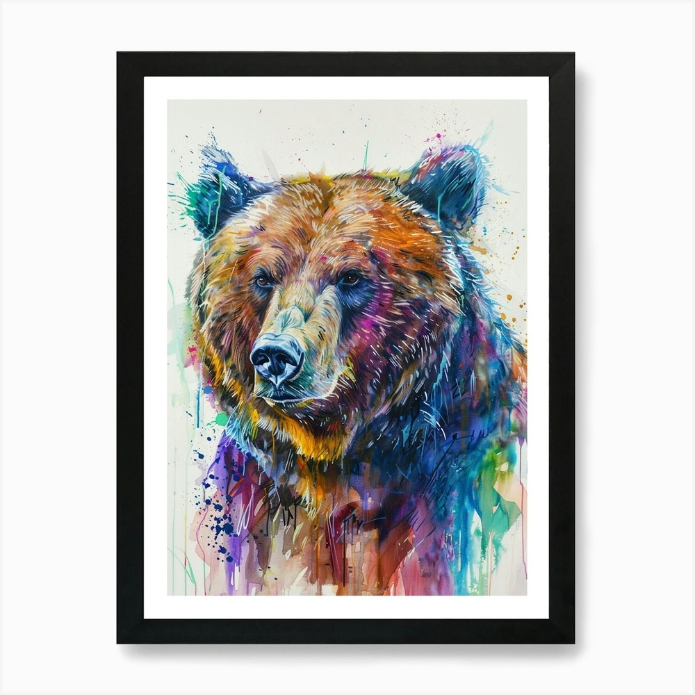 Vibrant Grizzly Bear Watercolor Framed Wall Art Canvas Print  