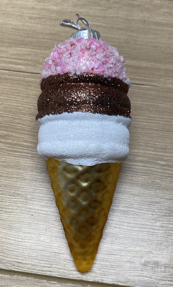 Vintage Blown Glass Ice Cream Cone Ornament Pink Glitter Christmas 5”