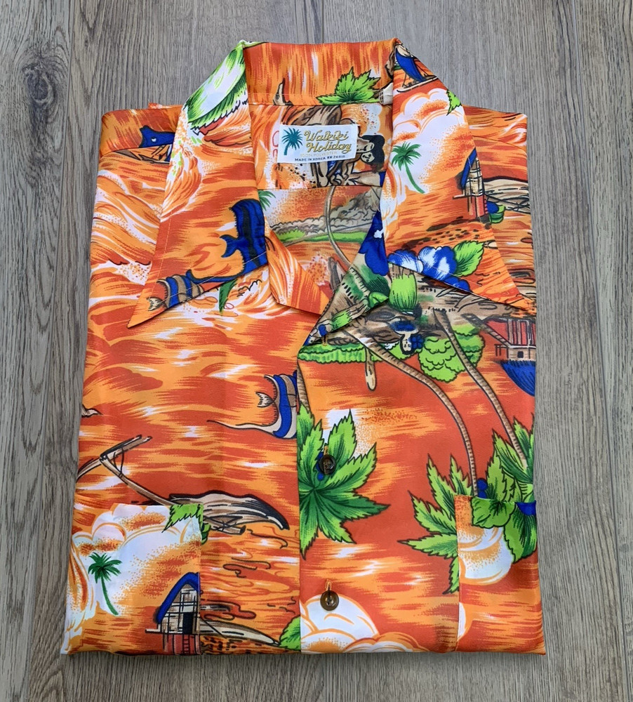 Vintage Waikiki Holiday Hawaiian Shirt Mens L Orange Tropical Camp Aloha READ