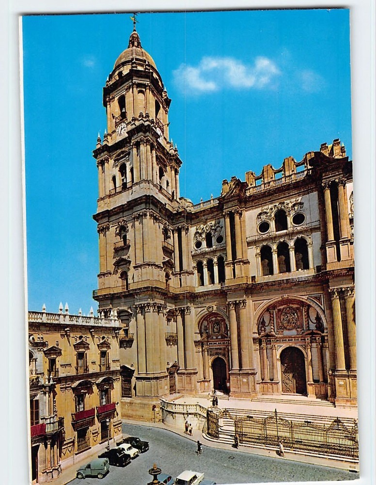 Postcard Cathedral façade partial view of the Plaza del Obispo Málaga Spain