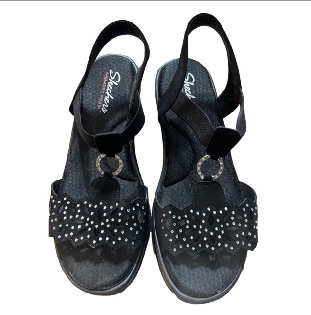 SKETCHERS QUEEN B Womens Black Wedge DRESS Rhinestone SANDALS Size 10 New No Box