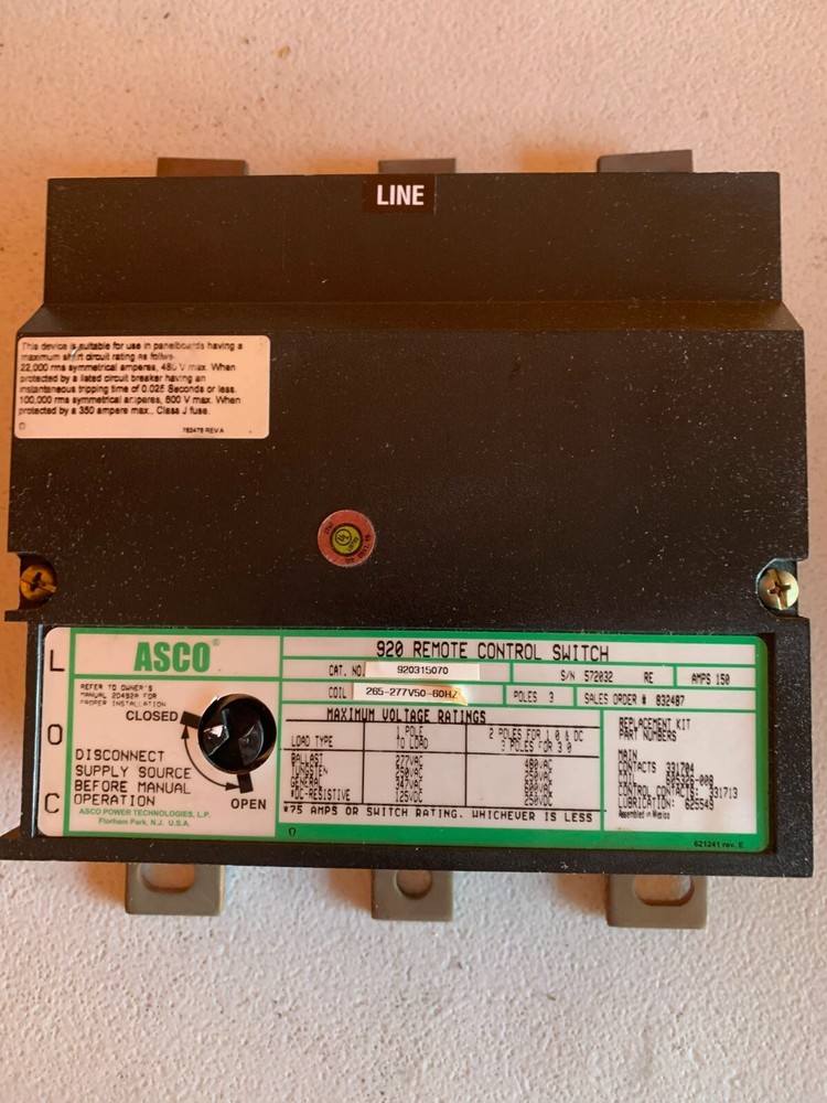 Asco 920 remote control switch 3 Pole 150 AMP 277 Coil
