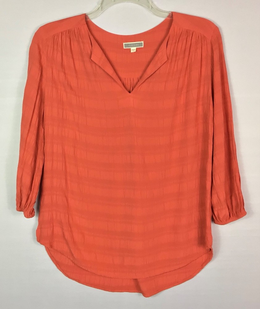 Pleione Top Womens Small Salmon V-Neck Pleated Shoulder 3/4 Balloon Sleeves