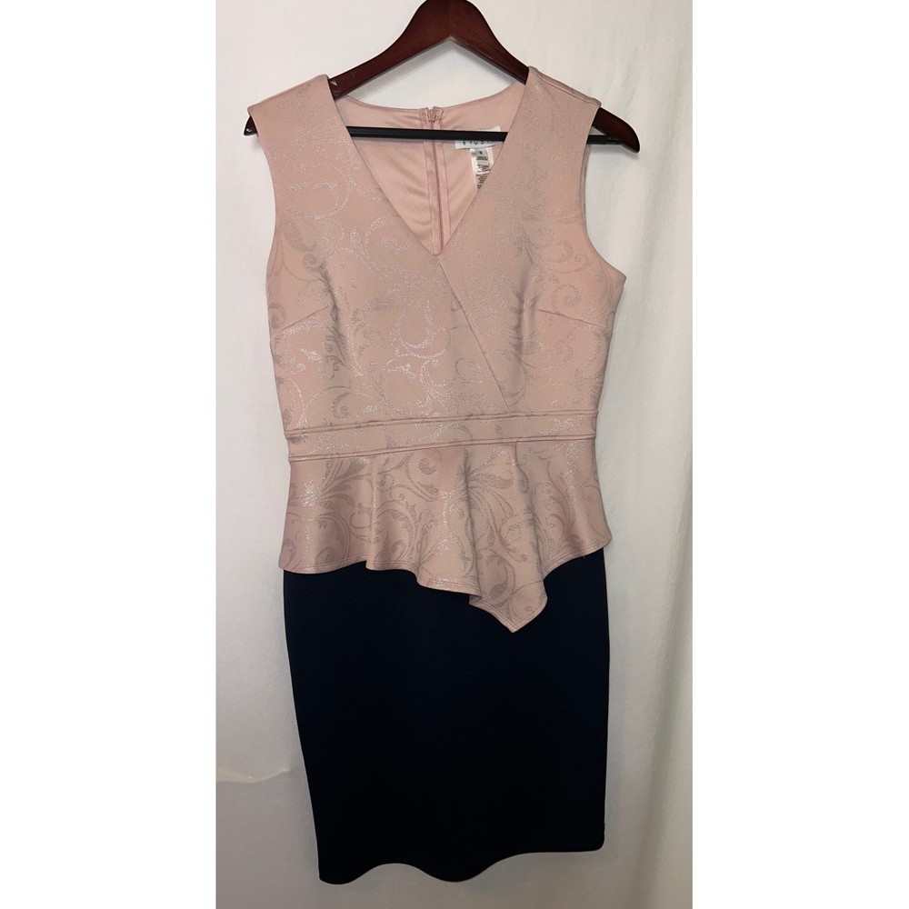Enfocus Studio Blush Pink Navy Dress Sleeveless Peplum Party Cocktail Size 8
