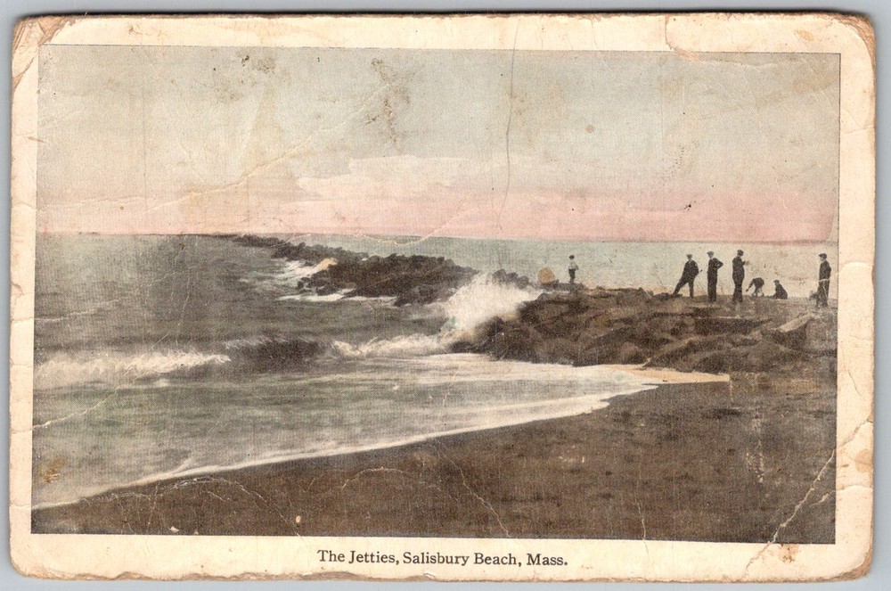 Antique Postcard The Jetties Beach Scene Salisbury Beach, MA 1910s