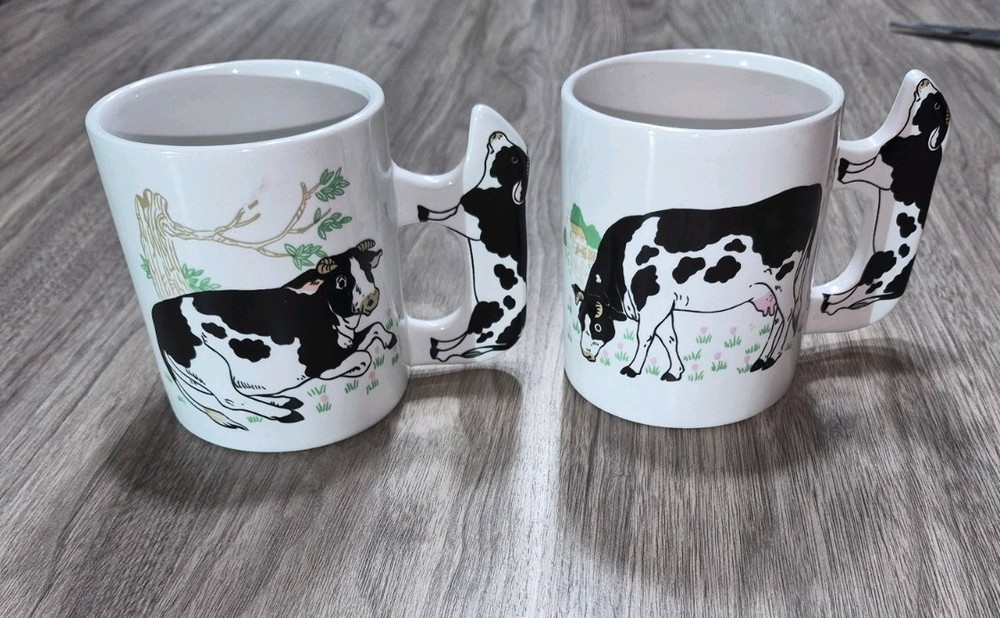 Set of Two Cow Mugs Cow Handles Ceramic Coffee Mugs Farmhouse Decor Farm Animal