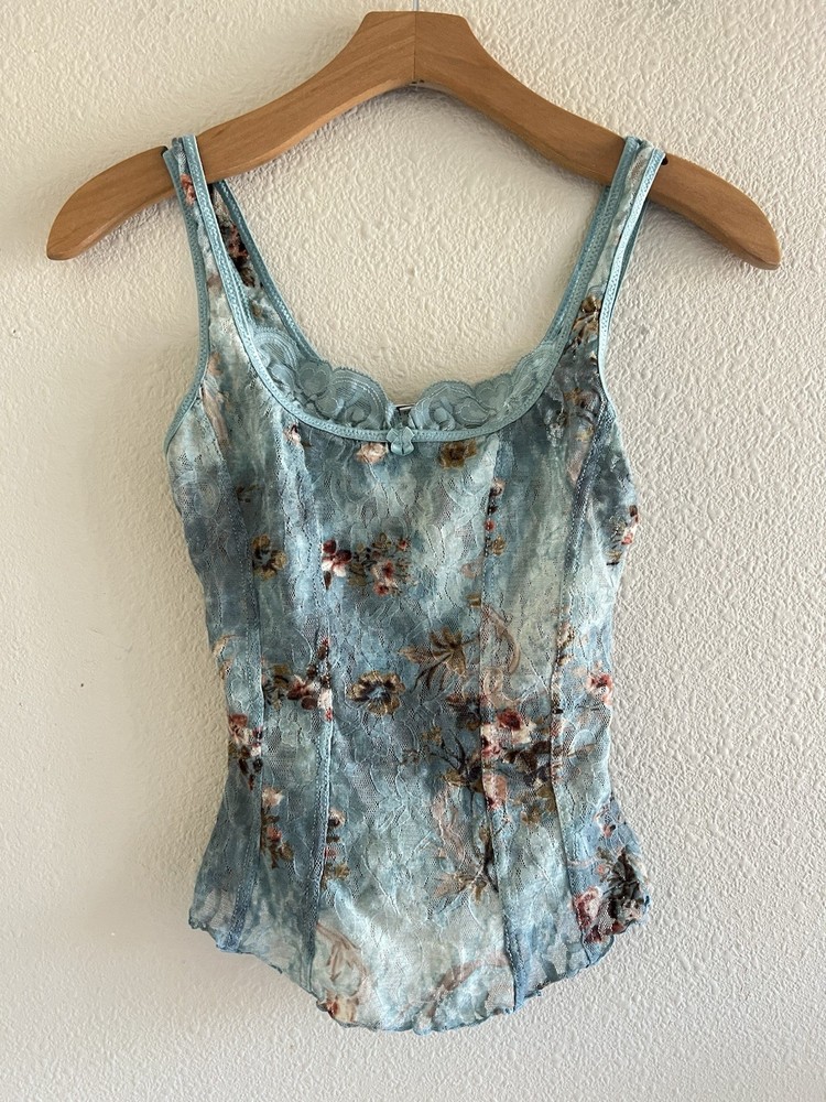 Arianne Y2K Romantic Mesh Lace Floral Top Teal Pastel Sz.M Fairy Victorian Boho