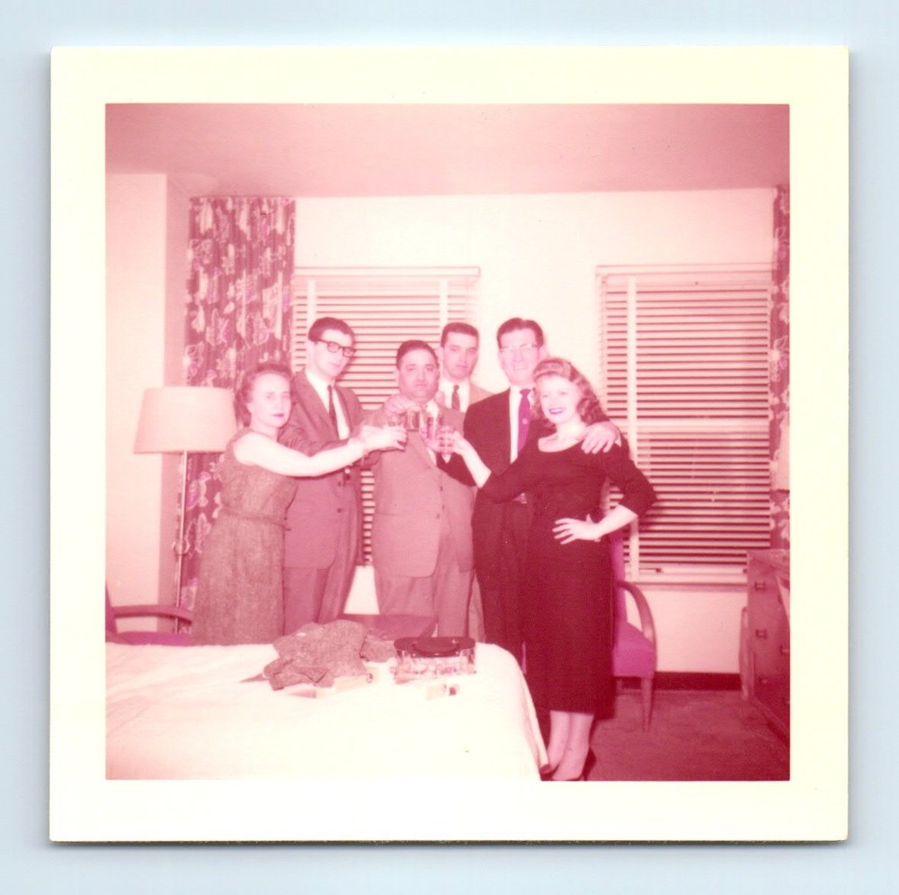 Old Vintage Square Color Photo MEN WOMEN TOAST IN HOTEL ROOM SNAPSHOT PICTURE