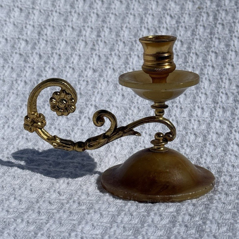 Victorian Style Antique Brass Gold Candle Holder with Handle Floral Pattern