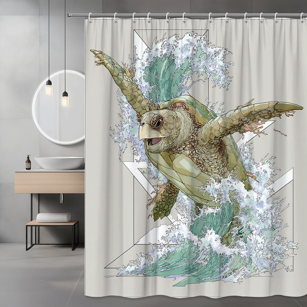 Sea Turtle Shower Curtain, Ocean Wave Graphic Print, Coastal Bathroom Decor