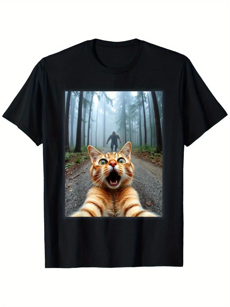 1pc Men'S Funny Cat Selfie & Sasquatch Graphic Tee