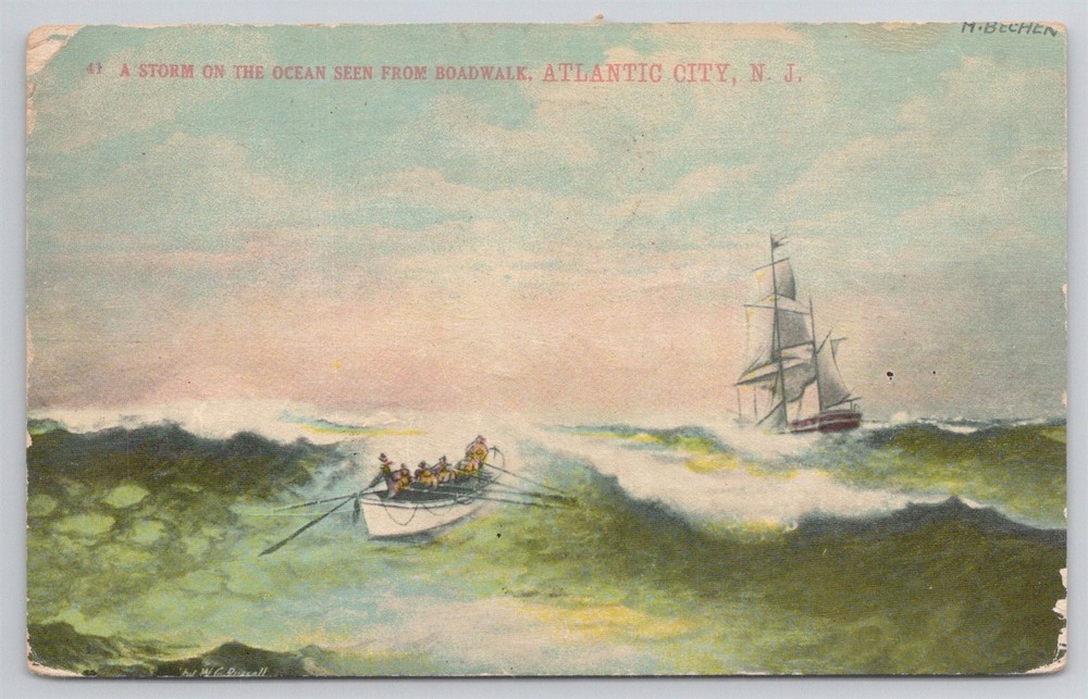 Boardwalk Scene Storm Ocean Waves Boats Atlantic Ocean NJ C1917 DB Postcard AL11
