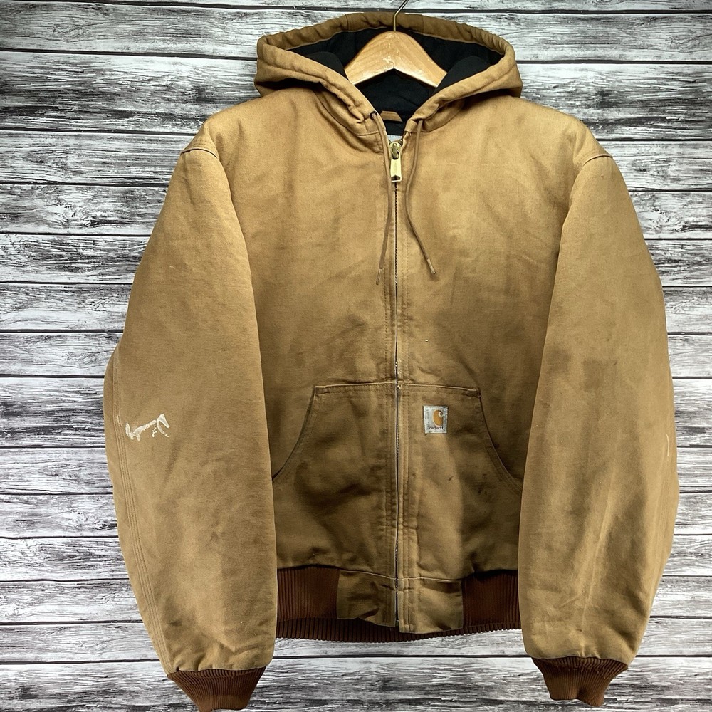 Carhartt J140 BRN Jacket Men Medium Tan Brown Full Zip Hooded Workwear Union USA