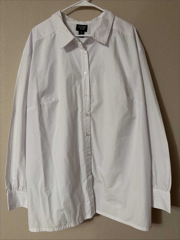June + Vie White Cotton Blend Plus Size 2X 26/28 Long Sleeve Button Down Blouse