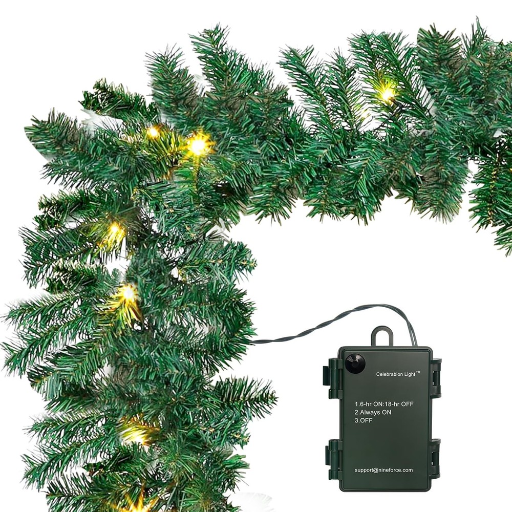 10Ft Pre-lit Christmas Garland with 50 LED Lights- Battery Operated String Li...