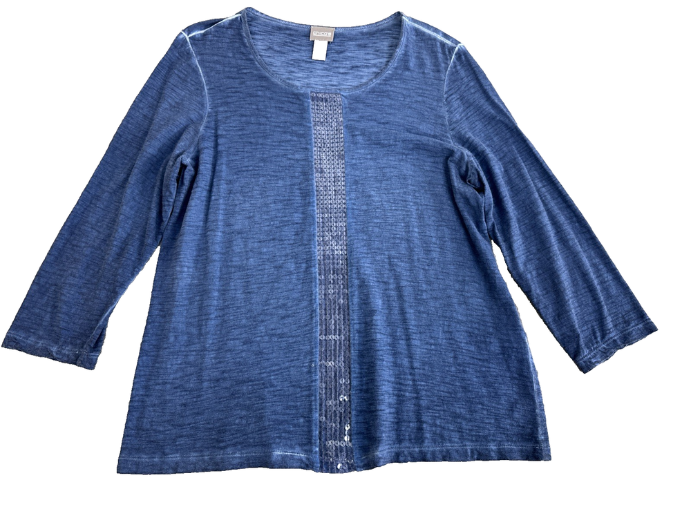 Chico's Women's Blouse Sequin Stripe Size 1 US(M) Blue Casual Dressy Glam