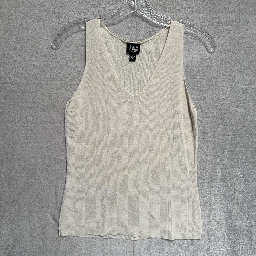Eileen Fisher Tank Top Womens Petite Small White V Neck Knit Stretch Basic