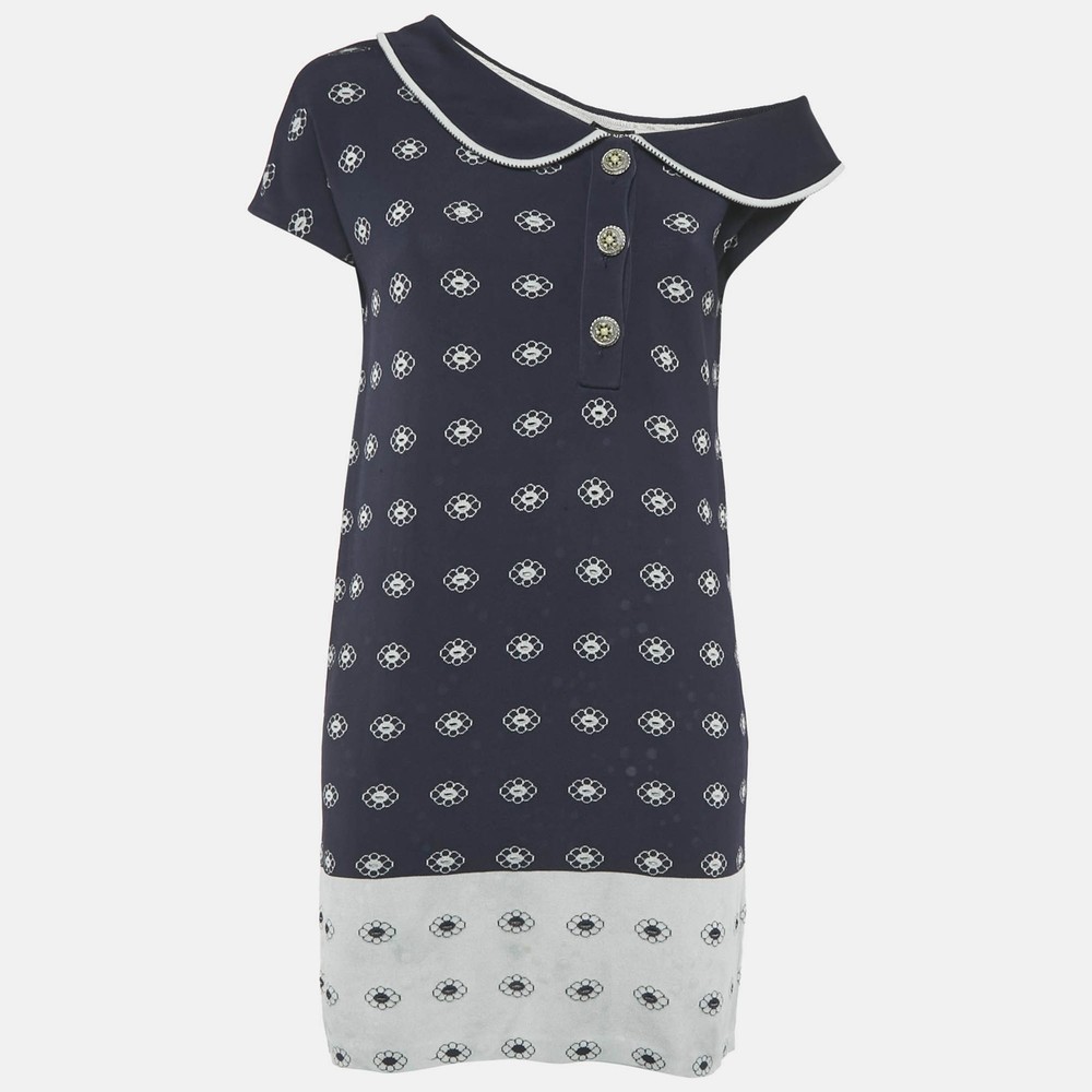 Chanel Navy Blue Floral Patterend Rib Knit Mini Dress S