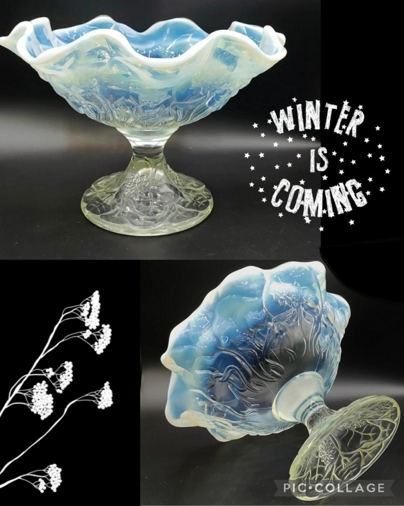 Vintage Fenton Water Lily Opalescent Glass Compote 8x10.5 French Art