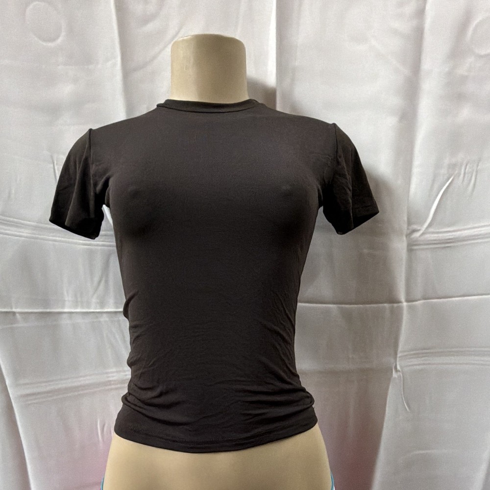 Cheryl Creations Black Knit Acetate Lycra T-Shirt, Stretch Crew Neck S RN50014