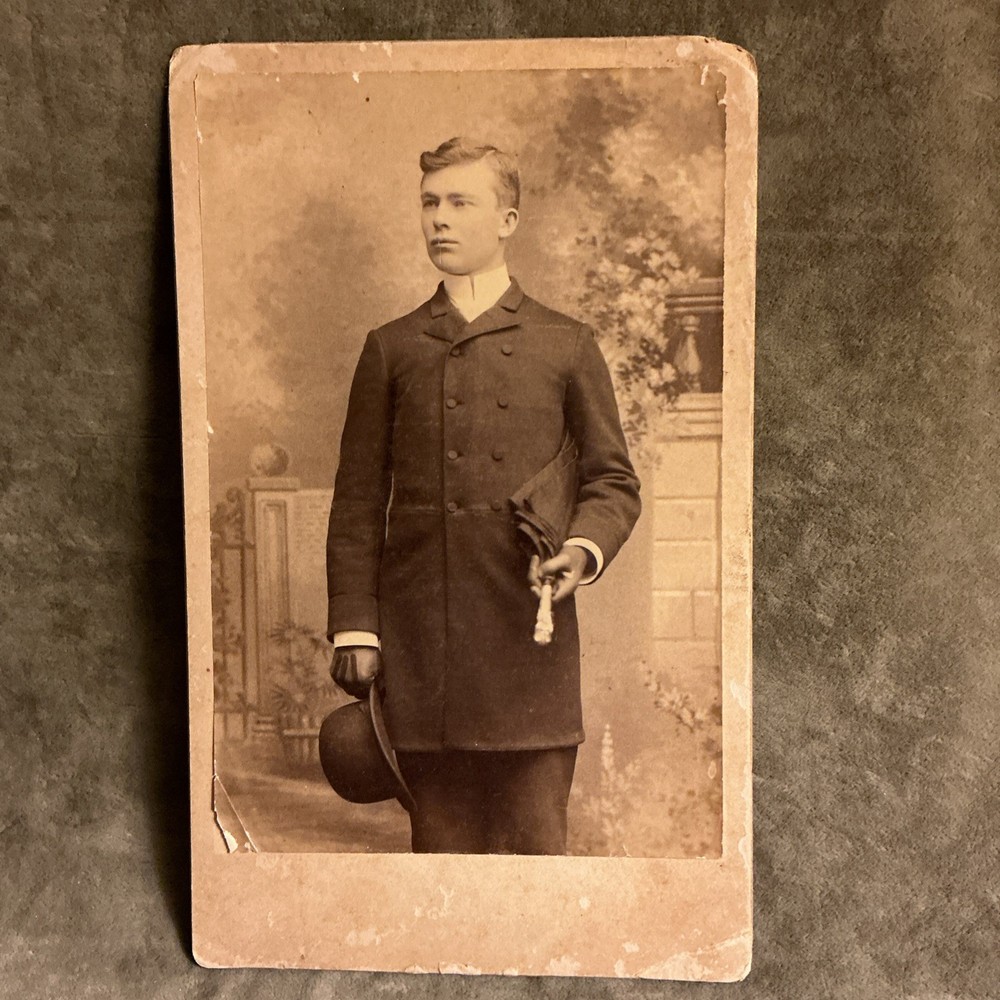 CDV photograph Victorian Handsome man in suit bowler hat and fancy umbrella