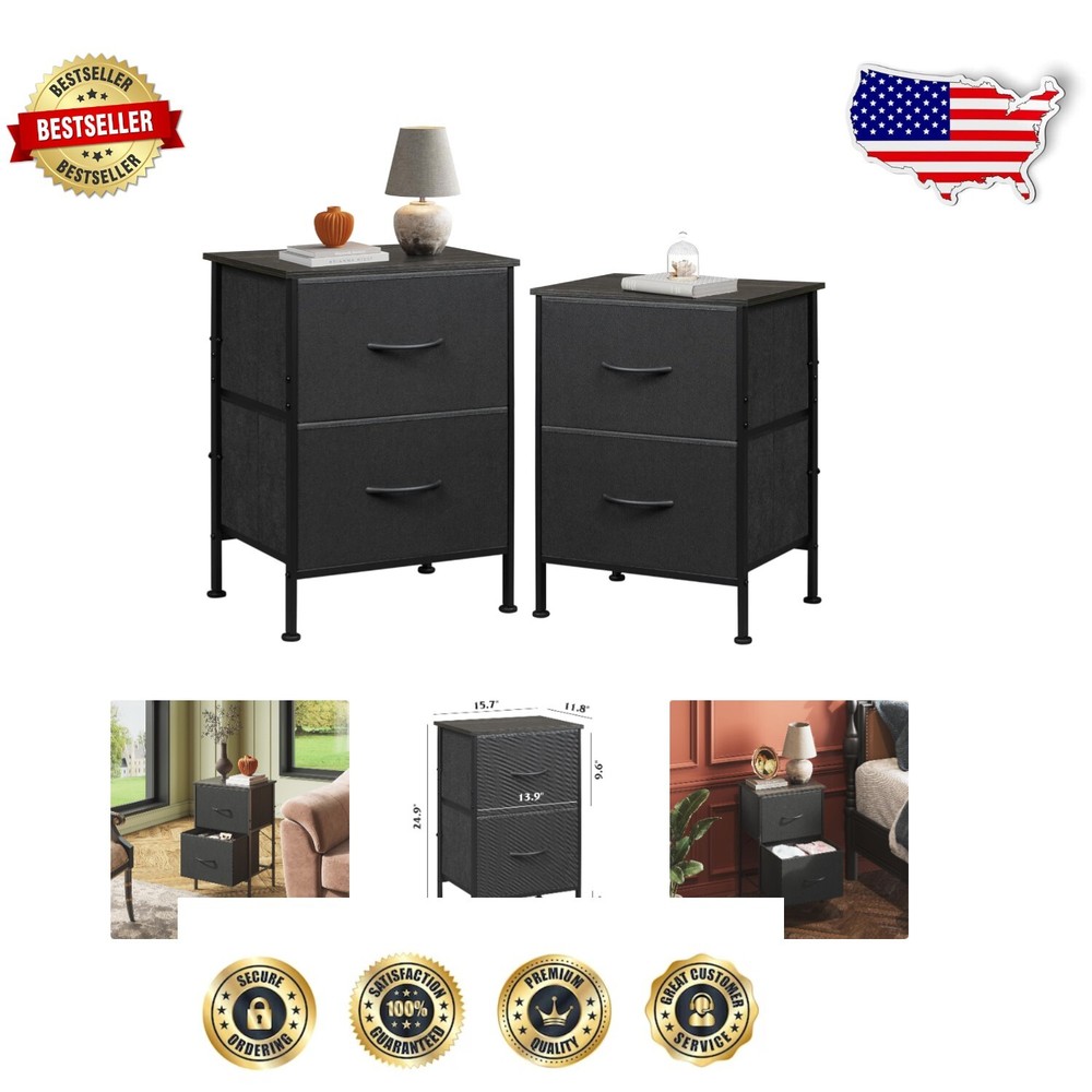 Compact 2 Drawer Nightstands - Charcoal Black Fabric Bin Set for Small Spaces