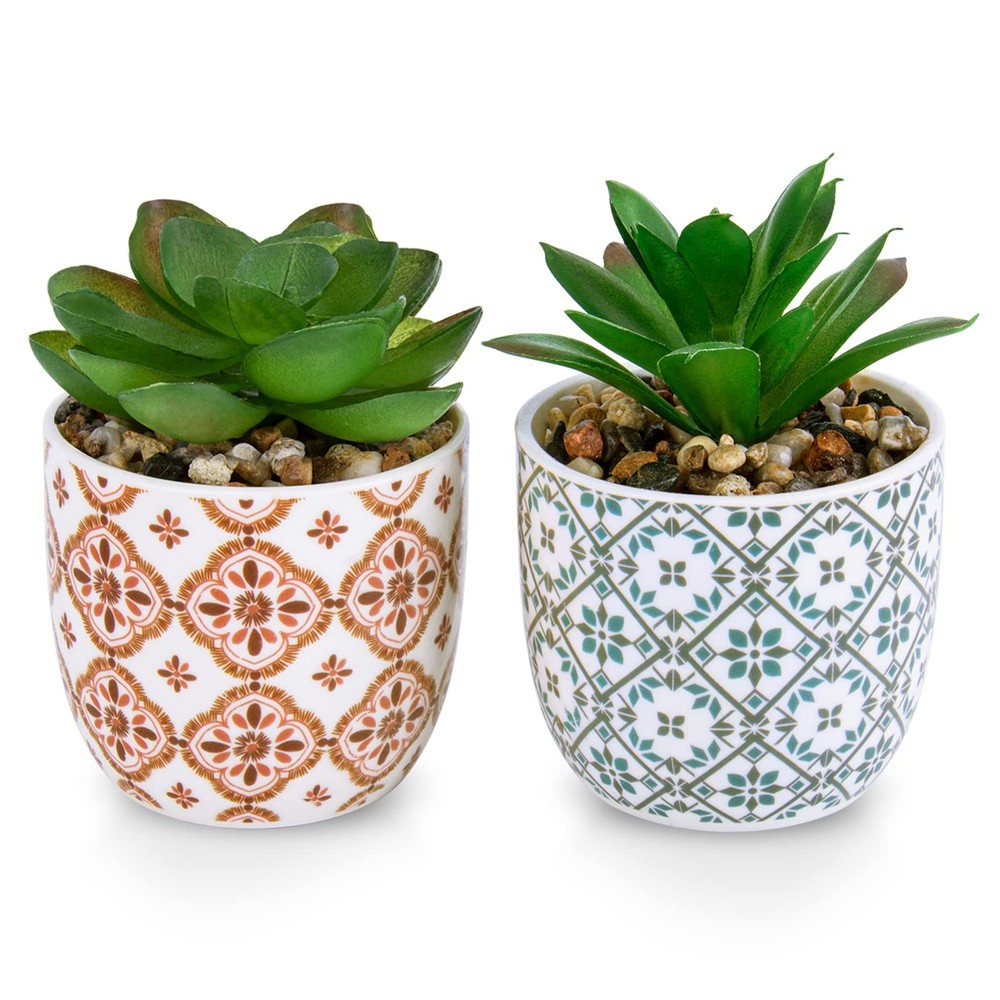 Artificial Plants Succulent Flowers in Ceramic Planter 2 Pack Small Fake Plan...