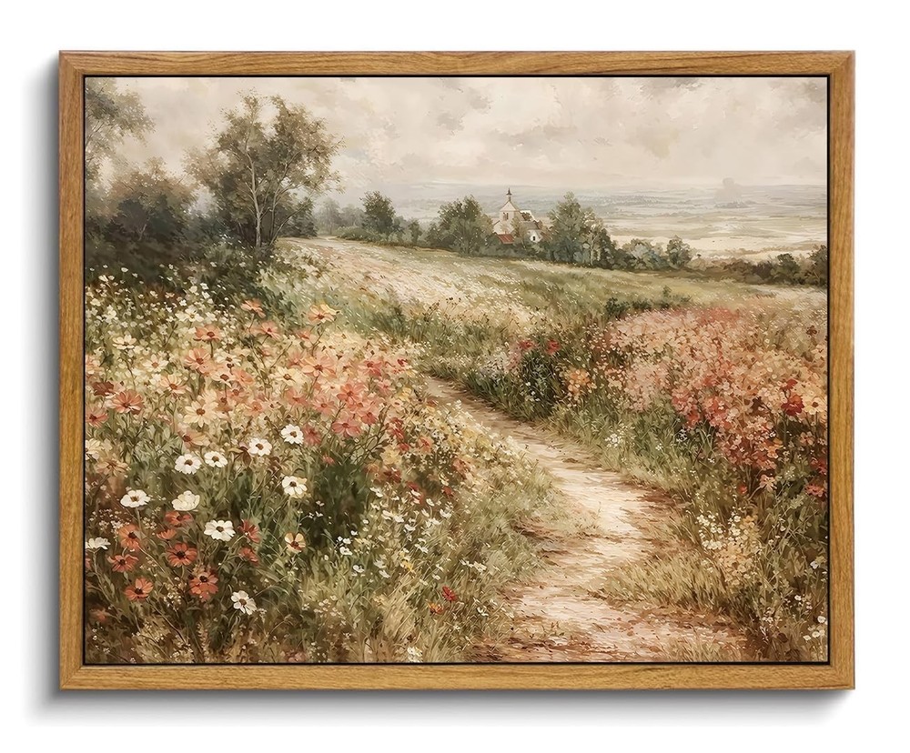 Framed Canvas Wall Art Country Wildflower Landscape Farmhouse Home Decor