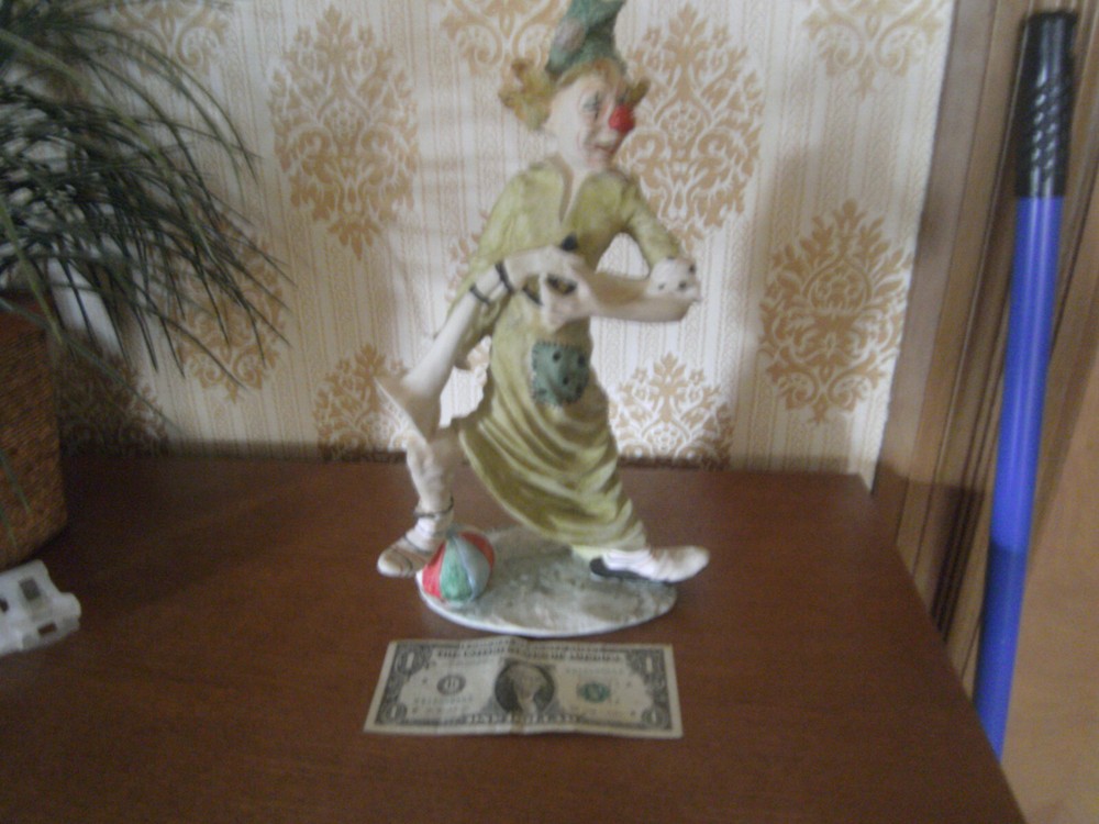 Vintage 1984 Amart Puucci Clown Figurine with Rifle and Horn 14 Inch Resin Statue