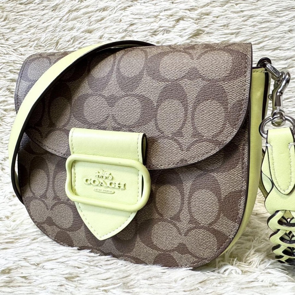 Vintage COACH Morgan Saddle Crossbody Bag in Beige & Lime Yellow Signature Leather