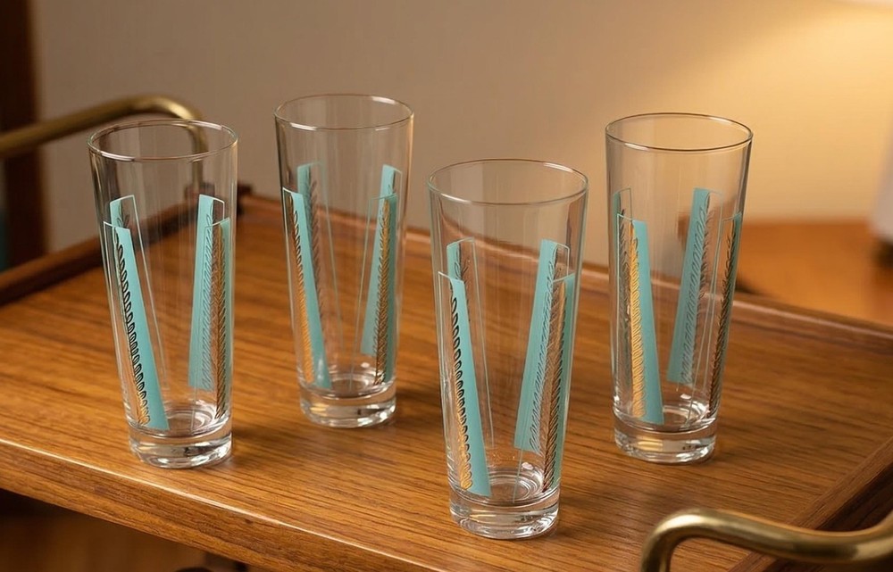 Set of 4 MCM Atomic Turquoise & Gold Wheat Highball Glasses