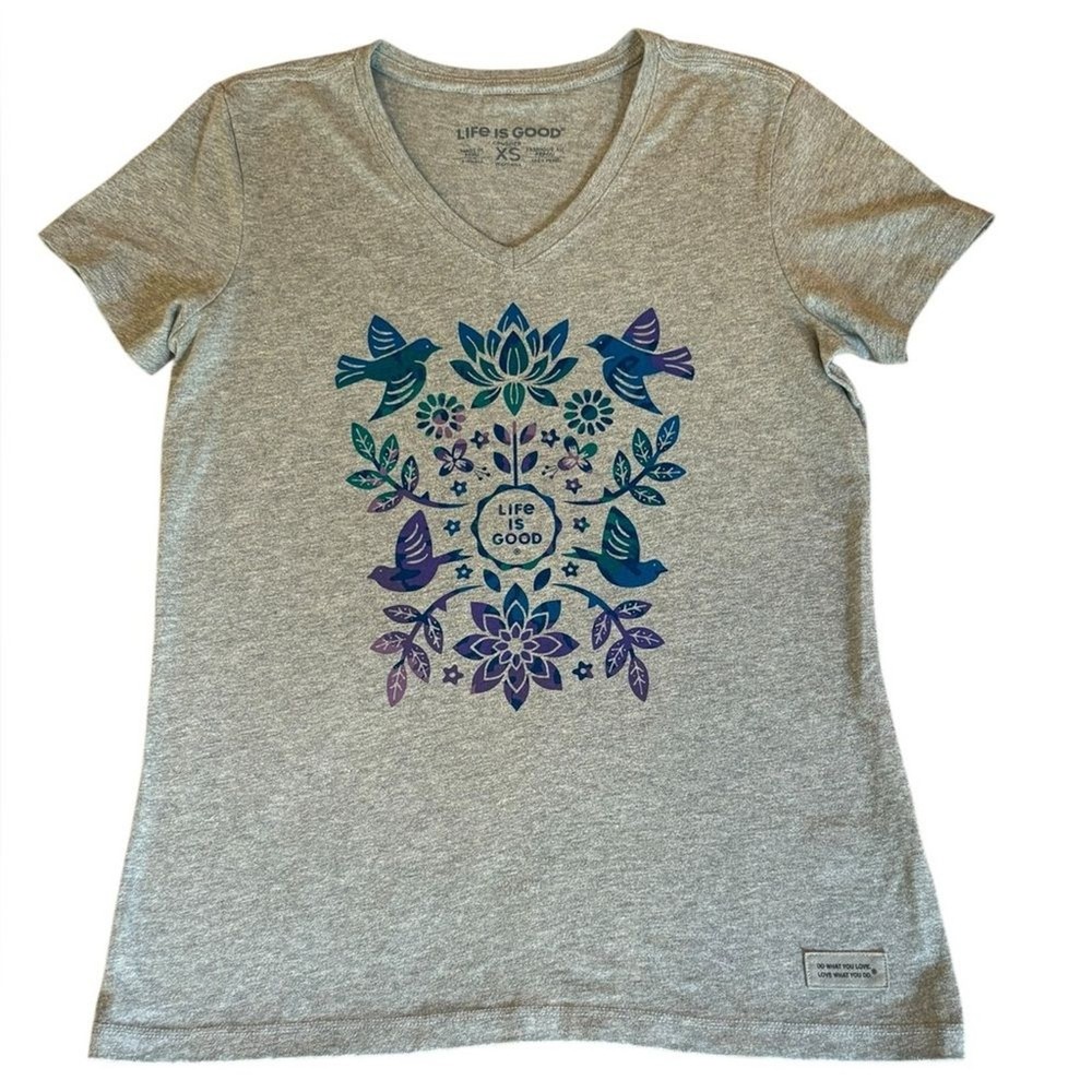 Life Is Good Folk Art Garden Tie Dye Short Sleeve Crusher Tee Womens XS Gray