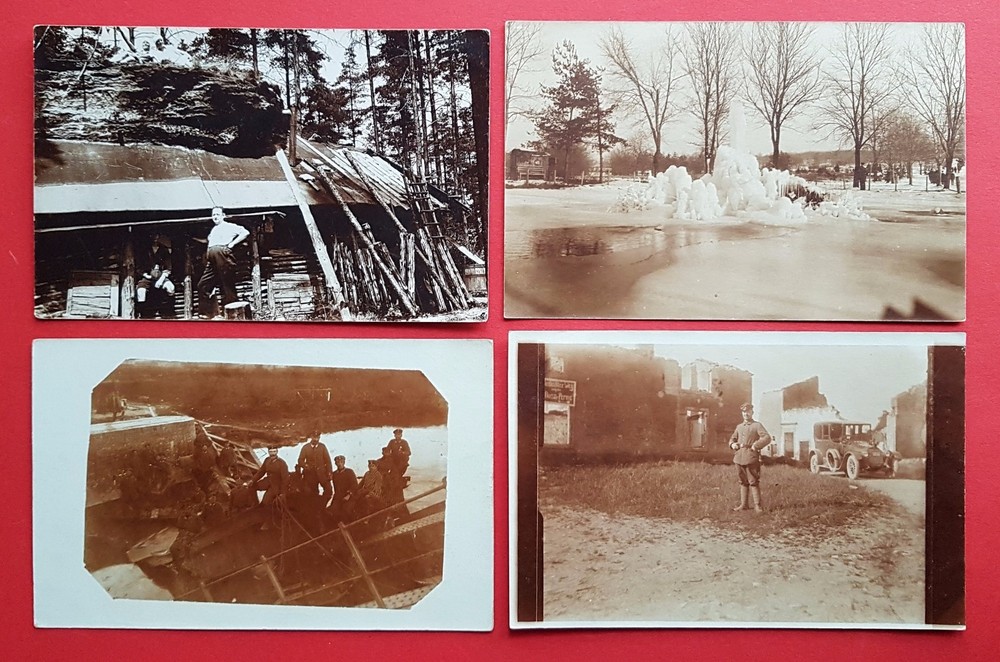 4 x Military Photo Postcard 1st WWII France Accommodation Soldiers Automobile (18605-image